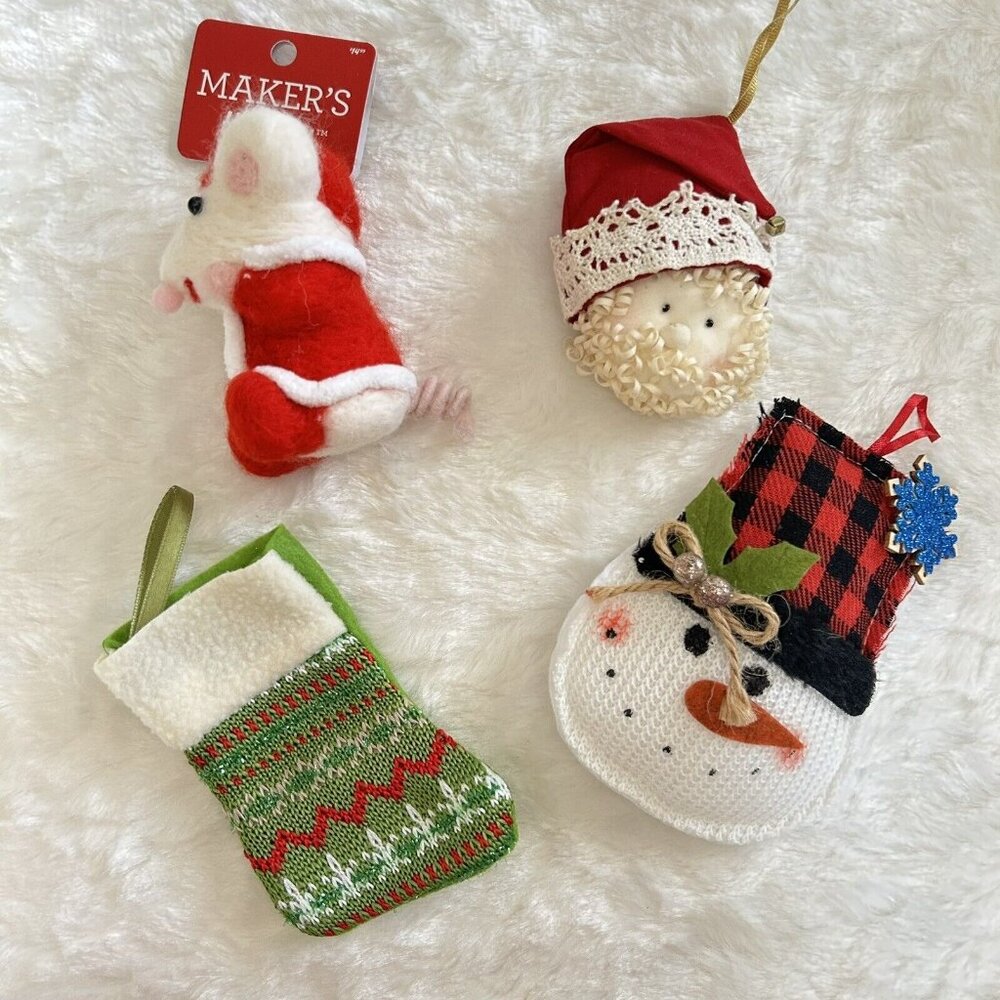 Lot of 4 Christmas Tree Ornaments - Mouse, Knit Stocking, Snowman, Santa